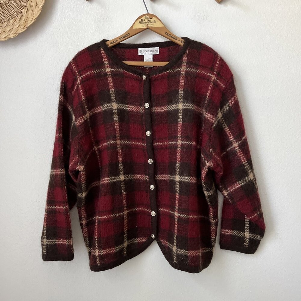 y2k Dressbarn mohair blend maroon tan plaid cardigan 18/20 preppy‎ old money